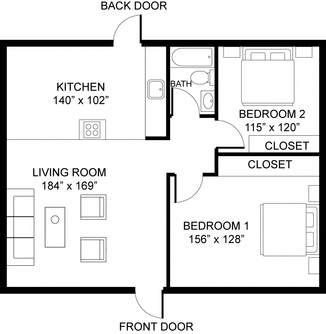 Floor plan for 2 beds, 1 bath, 680 sqft